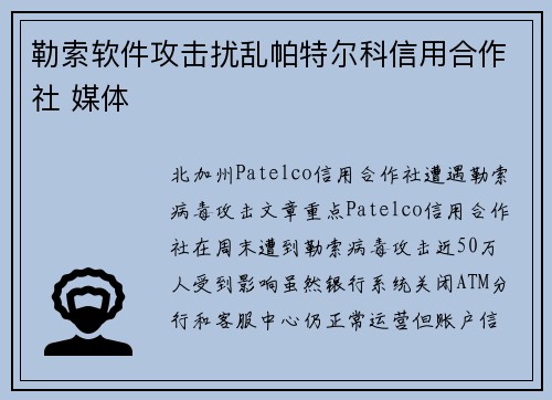 勒索软件攻击扰乱帕特尔科信用合作社 媒体